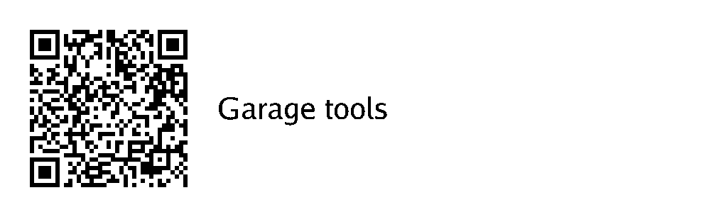 QR and title, 29 × 89.8 mm, reference hidden; synthetic Garage tools label