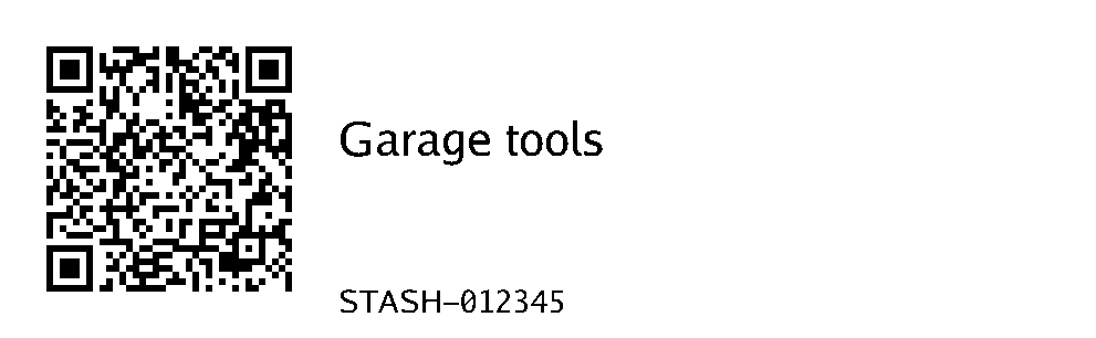 QR and title, 29 × 89.8 mm, reference shown; synthetic Garage tools label